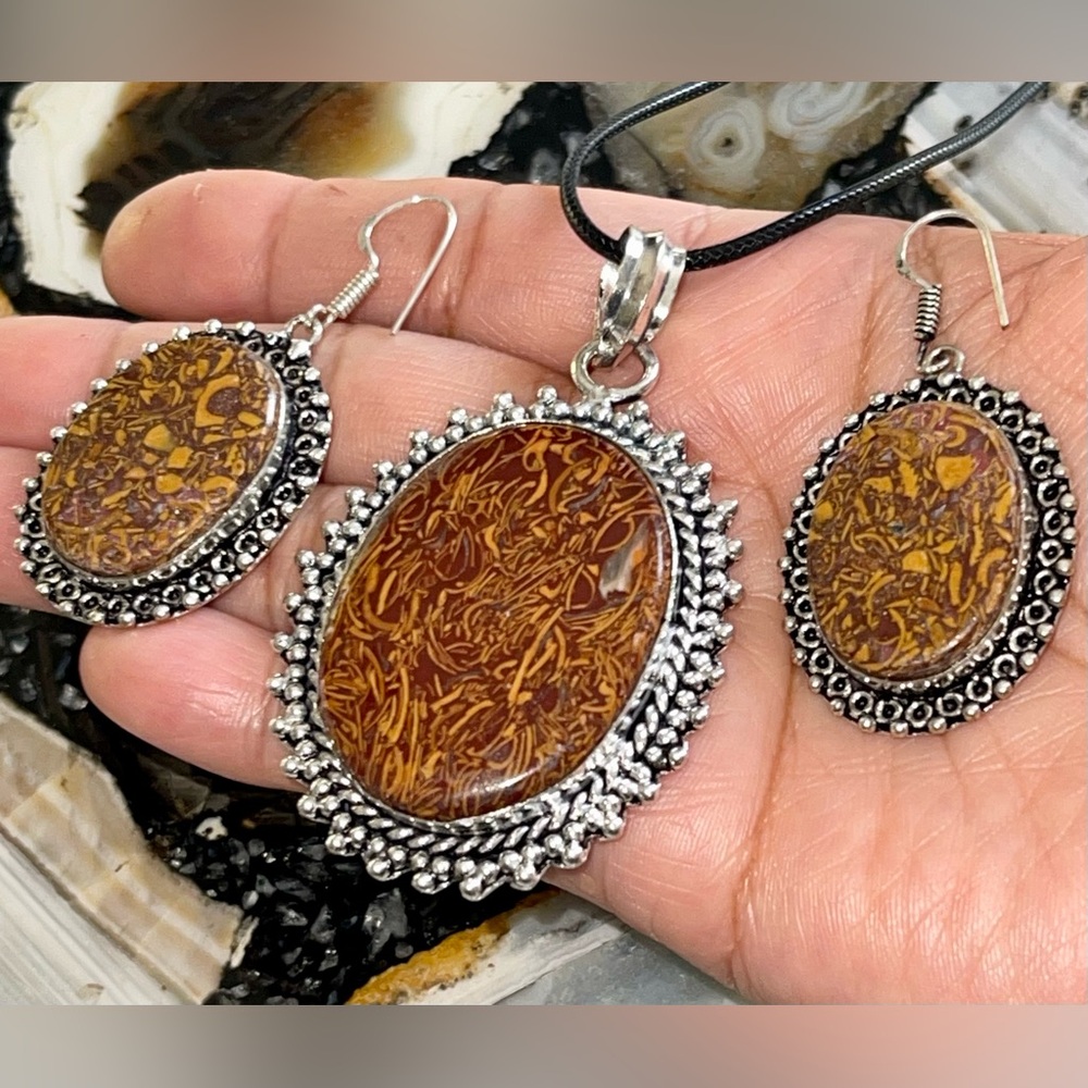 Large Miriam Calligraphy Stone Pendant & Earrings